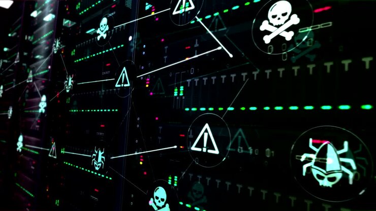 Cyber crime symbols on servers room in background loop