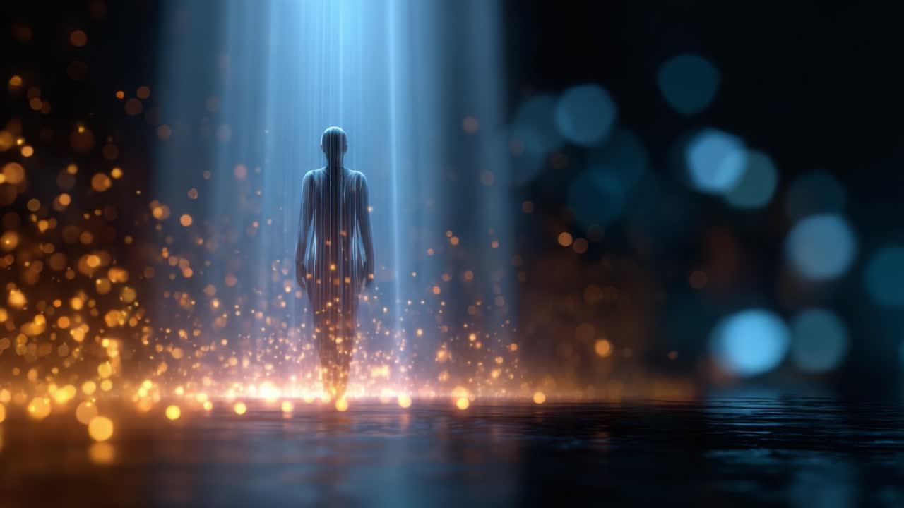 A solitary figure stands beneath a cascading beam of light, surrounded by shimmering particles, creating a surreal, ethereal atmosphere of mystique and beauty