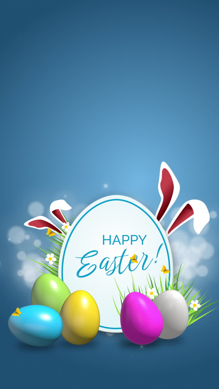 Easter sticker animation with rabbit ears and colored eggs on a blue background with butterflies and bokeh. Happy Easter. Looped vertical video.