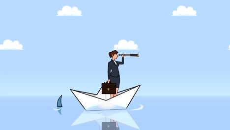 flat cartoon businesswoman character with case bag and looks through spyglass floating  near sharks on paper boat animation