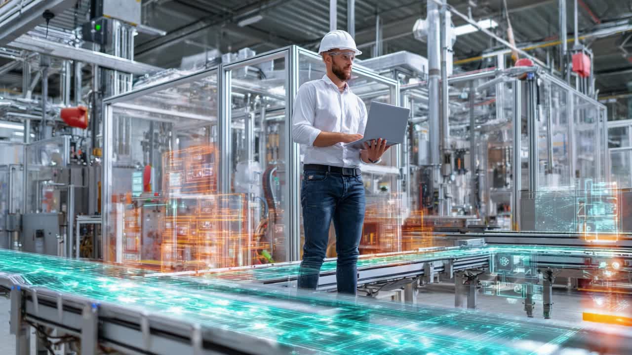 A Modern Engineer Analyzing Advanced Data in a High-Tech Factory Setting: Exploring Innovations in Manufacturing and Automation with a Laptop