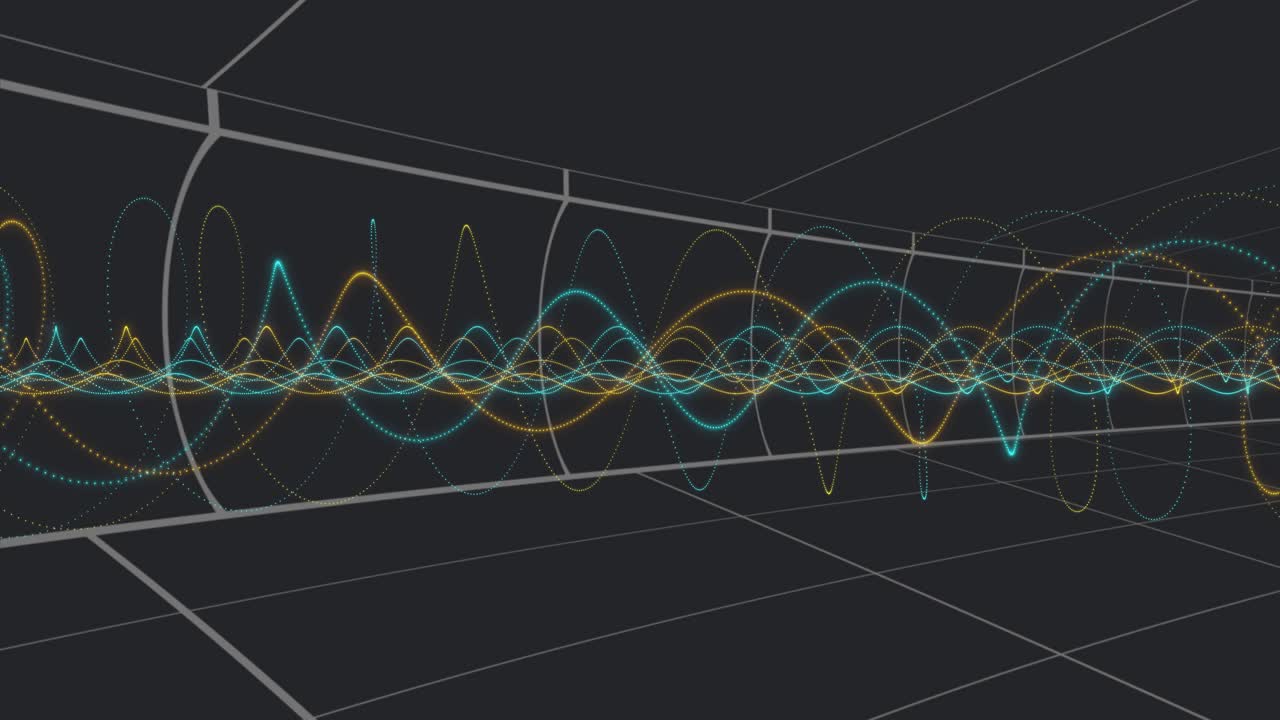 At start 3D wireframe tunnel hosting teal yellow waveforms oscillating, dots gliding adding depth