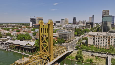 sacramento city california aerial v16 low fly around historic art deco tower bridge capturing downtown cityscape of the old town and waterfront ziggurat buildings - shot with mavic 3 cine - june 2022