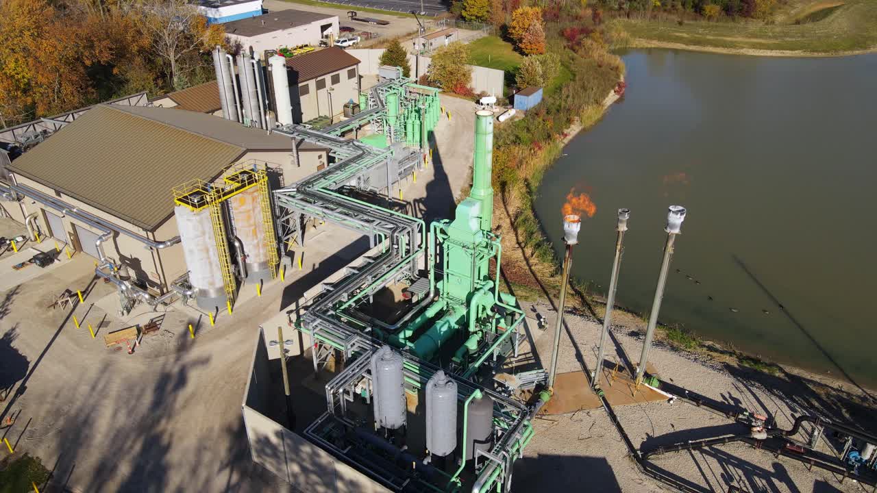 Biogas energy plant with flare stack and pipeline system in Canton, Michigan, USA