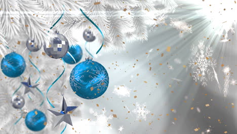 animación de decoraciones y copos de nieve moviéndose sobre el árbol de navidad decorado con bolos