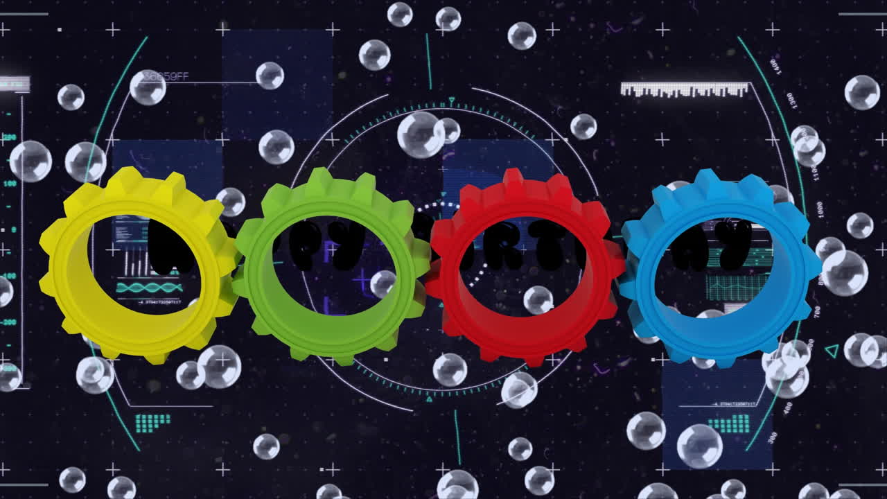Animation of bubbles floating over gears and data processing