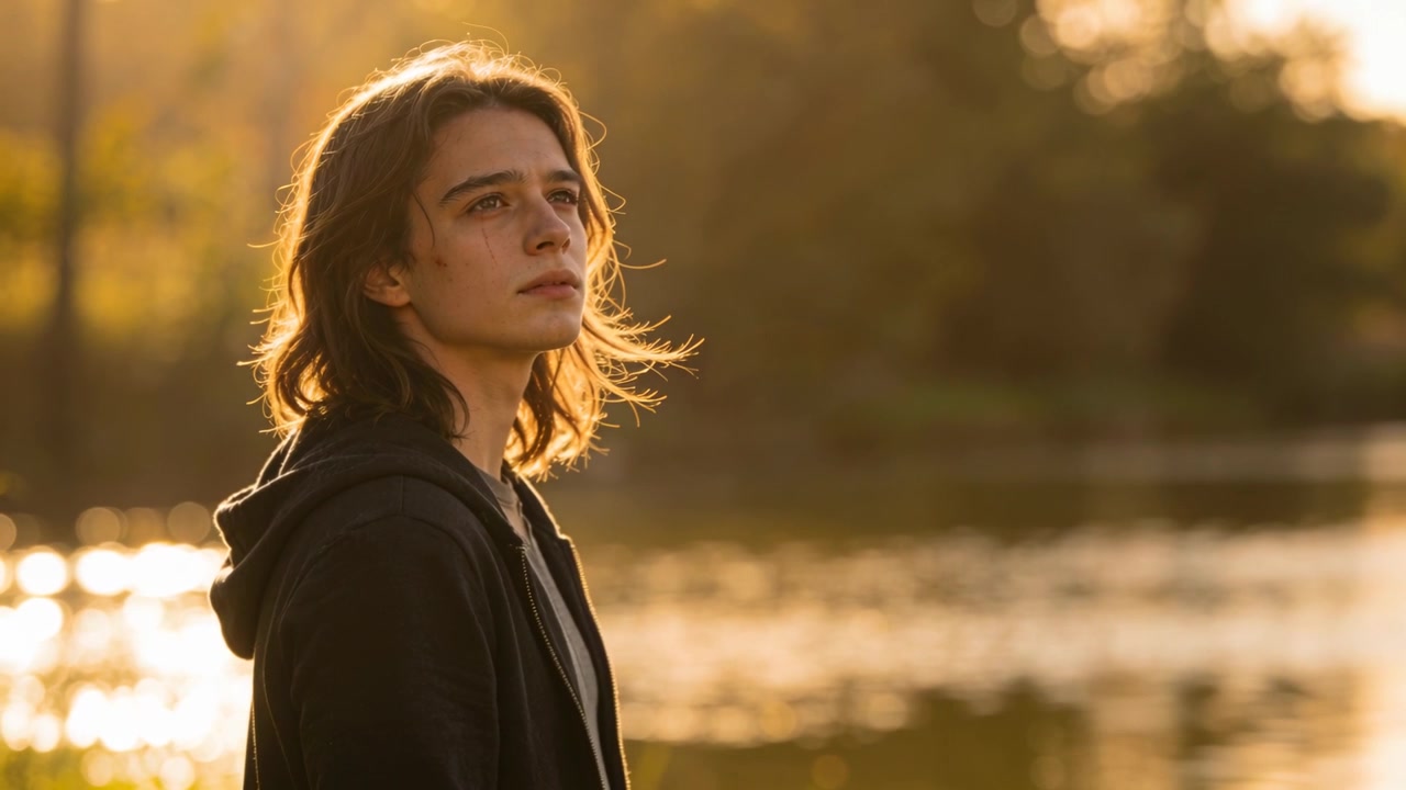 Adolescente de frente con sudadera oscura, levantando la cabeza hacia el lago, la brisa moviendo su cabello, reflejándose, con espacio para texto.