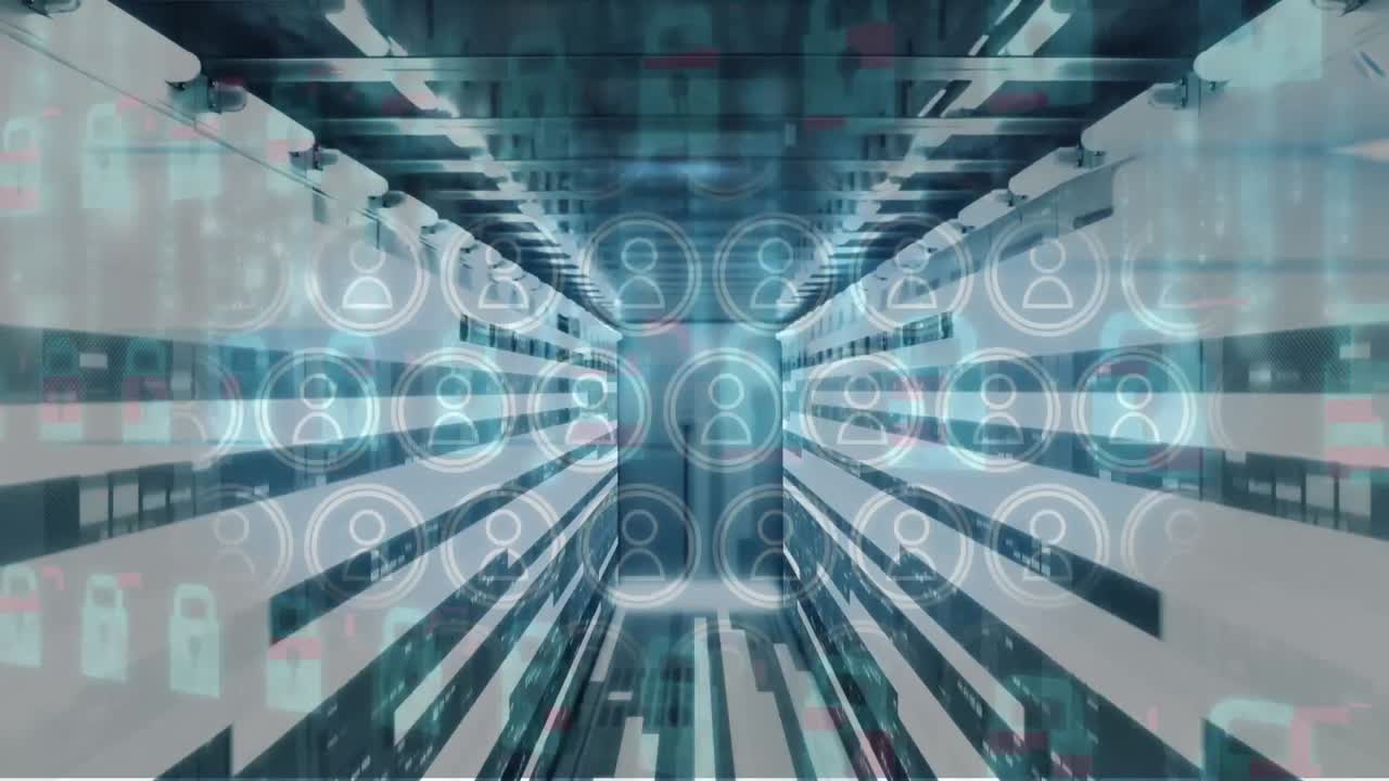 animación de luces e iconos de usuario que se mueven sobre los servidores