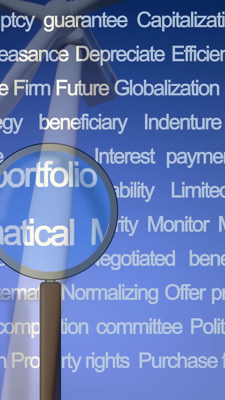 Vertical video: Lens entering left, zooming finance text on blue, blades sweeping, showing terms