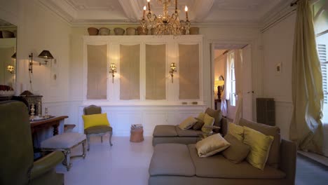 bedroom interior with lounge beds and pillows in a castle indoor view