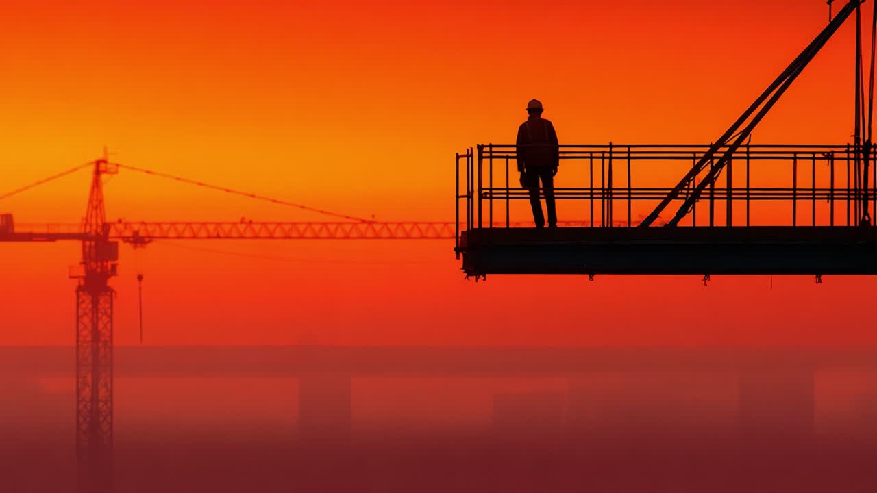 Un operaio edile in piedi su un'alta piattaforma con un vivace tramonto sullo sfondo, che guarda un paesaggio urbano con gru stagliate all'orizzonte