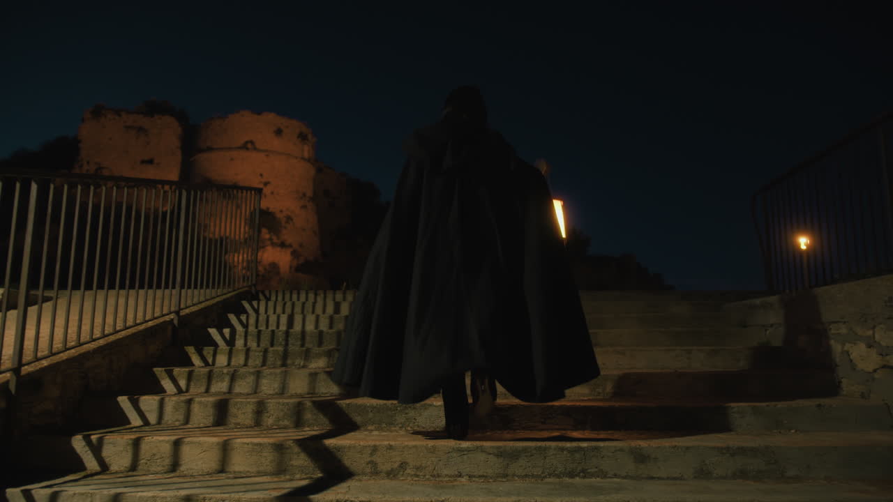 una mujer con una capa misteriosa camina con una linterna por la noche.