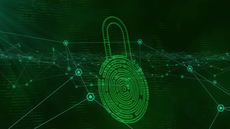 animación de un candado de seguridad en línea verde sobre una red de conexiones con fondo verde