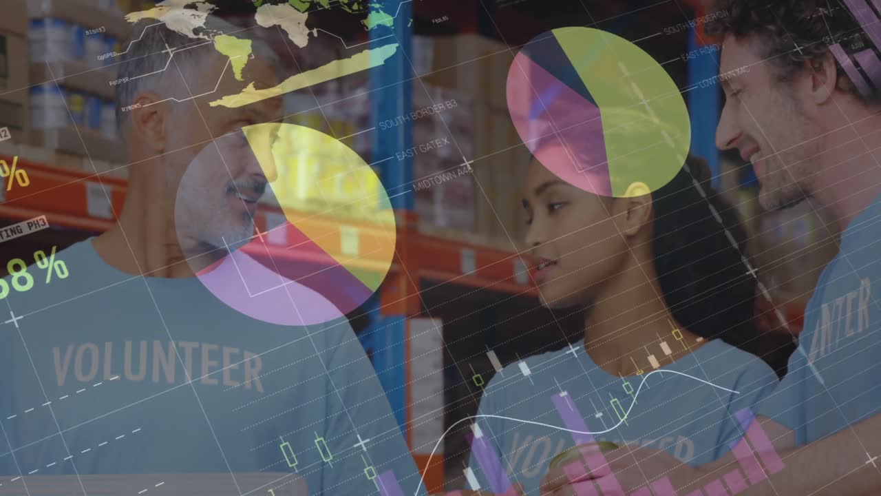 procesamiento de datos estadísticos contra un grupo de voluntarios discutiendo sobre donaciones en el almacén