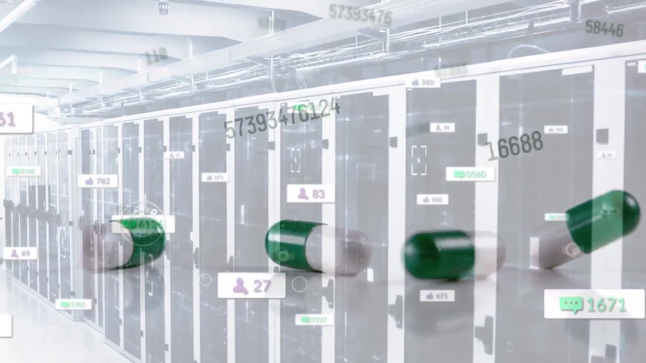 컴퓨터 서버 위에 떨어지는 숫자의 애니메이션과 보안 방패