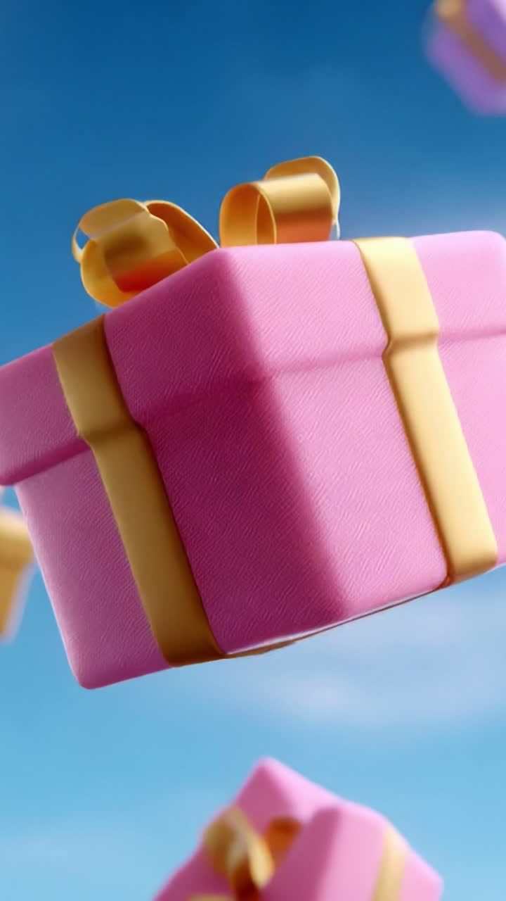 A whimsical collection of floating pink gift boxes, adorned with golden ribbons, elegantly suspended against a serene blue sky, creating a celebratory atmosphere filled with joy and anticipation