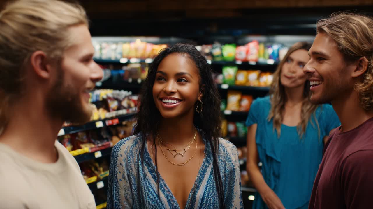 A lively group of young adults share joyful moments and engaging conversations inside a vibrant store, surrounded by colorful snack options, showcasing friendship and connection in a dynamic atmosphere