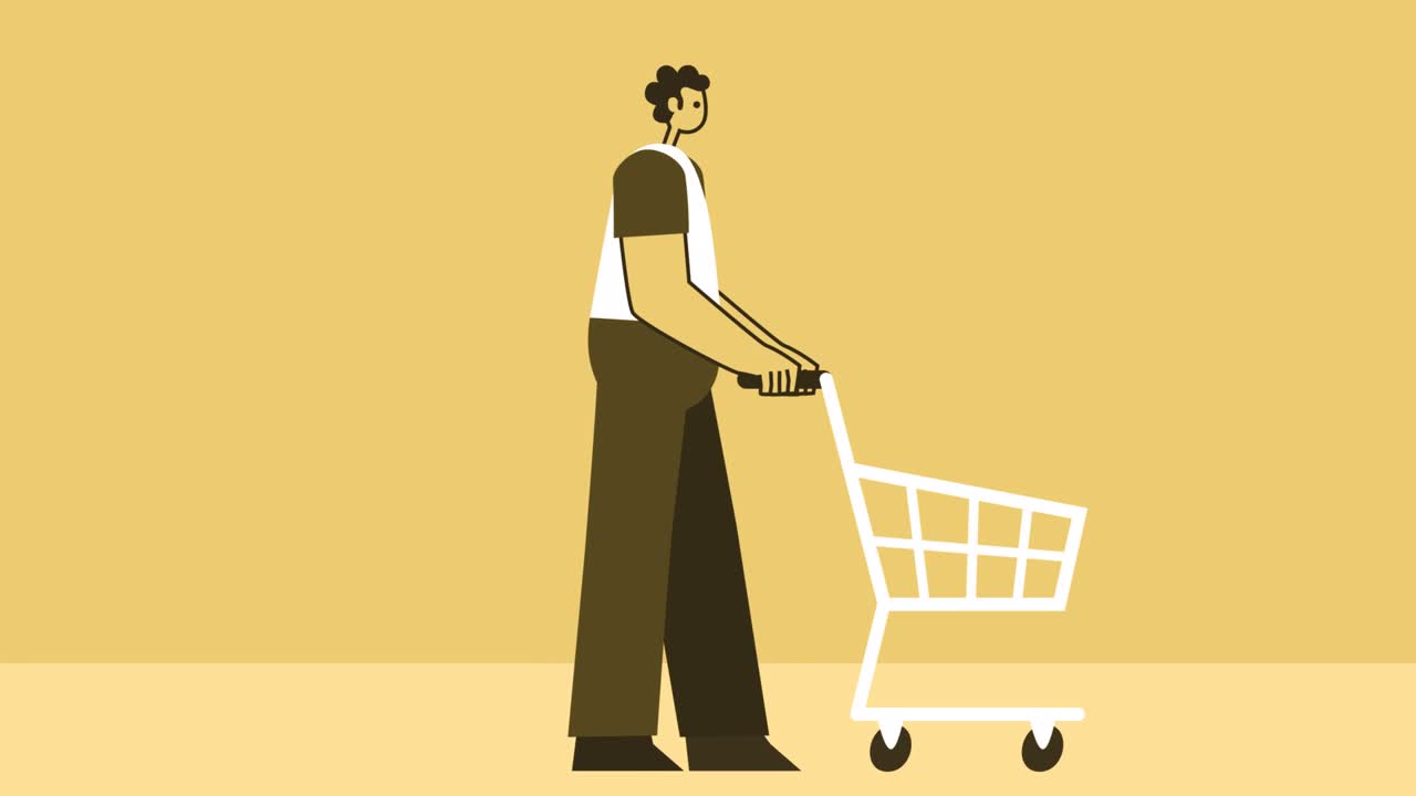 노란색 스타일의 평평한 캐릭터가 쇼핑 카트를 밀고 있습니다. 알파와 함께 고립된 루프 애니메이션이 중요합니다.