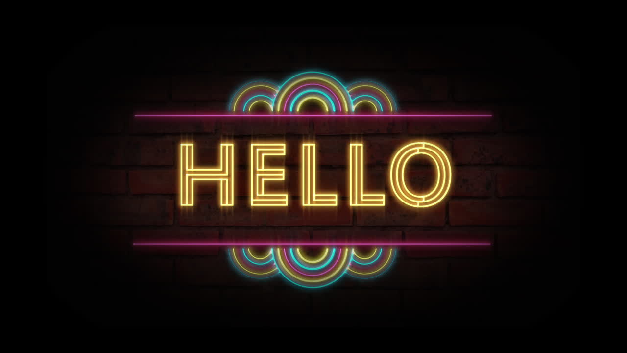 la animación retro de neón "hello" con el parpadeo del arco iris en una pared de ladrillo negro.