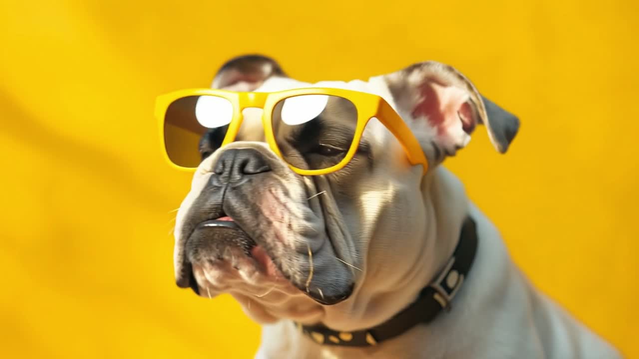 White and brown bulldog sporting yellow sunglasses against a vibrant yellow background, glancing playfully to the side while wearing a stylish black studded collar