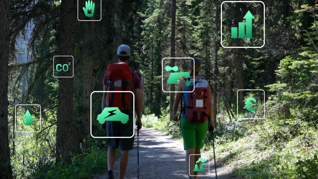 Couple walking forest trail showing floating CO? water drop eco car icons for sustainability