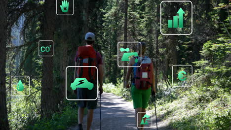 couple walking forest trail showing floating co? water drop eco car icons for sustainability