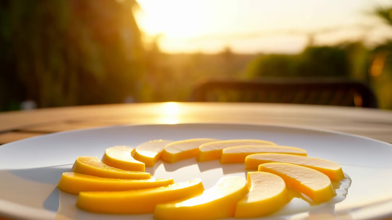 Un piatto di ceramica bianco con fette di frutta giallo-arancio disposte ordinatamente è posizionato su un tavolo di legno nella calda luce del tramonto, con uno sfondo esterno sfocato e morbido.