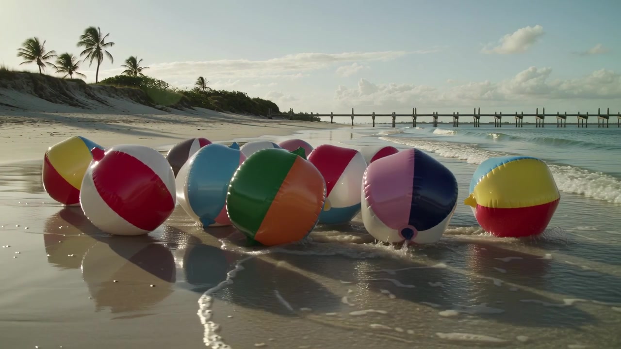 Maré subindo empurrando grupo de bolas de praia listradas para frente na areia molhada na costa, mostrando espuma