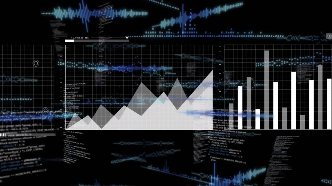 검은색 배경에 있는 데이터 처리 및 다이어그램의 애니메이션