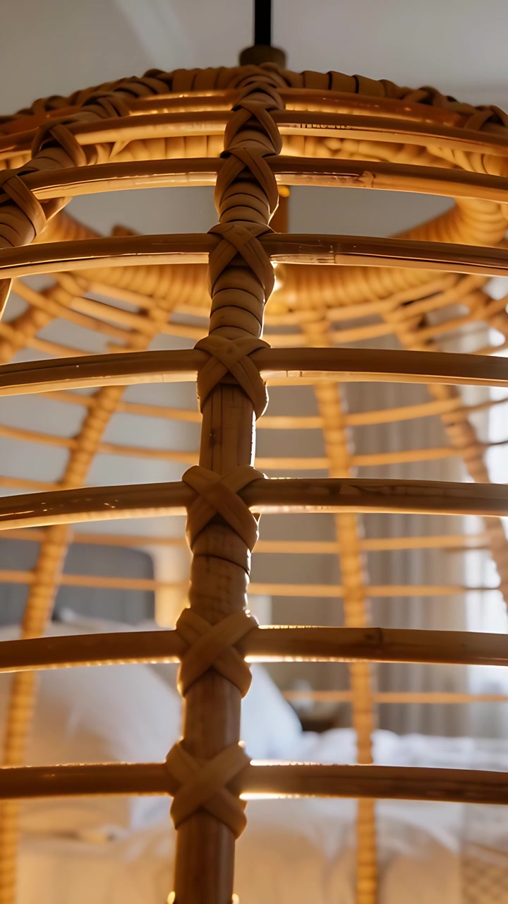 Video verticale: La telecamera si muove rivelando una lampada a sospensione in rattan sopra il letto, mostrando il dettaglio della lampadina.