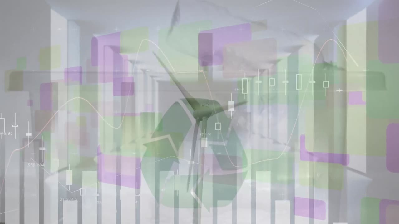 풍력 터빈 위에 그래프의 애니메이션과 사무실 위에 아이콘