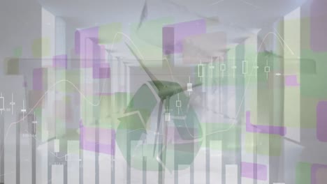animation of graphs over wind turbine and icons over office