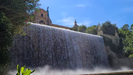 Montjuic-Waterfall-Cascade,-Barcelona-Spain-on-Sunny-Day