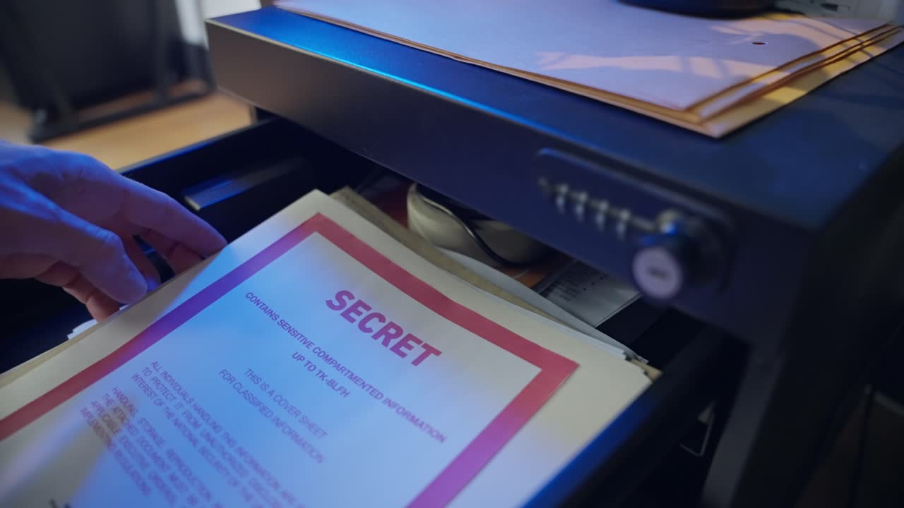 Hand opens a metal drawer with a number code, taking out classified documents. Covert operation or hidden intelligence. Folder marked "Secret" is taken out. Sensitive information stolen from office