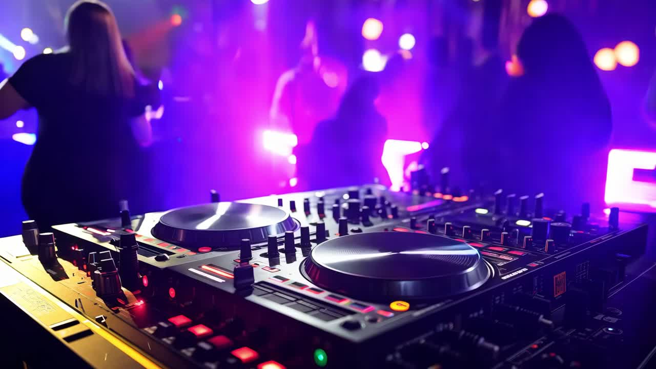 Professional dj mixer standing on illuminated stage, surrounded by dancing crowd, colorful lights creating vibrant nightclub atmosphere with energetic music performance background