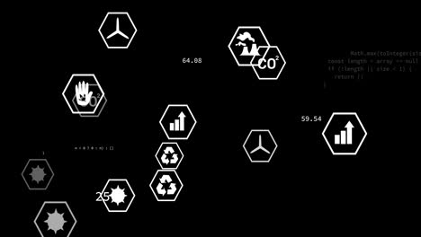 animación de iconos de ecología en movimiento y procesamiento de datos en fondo negro