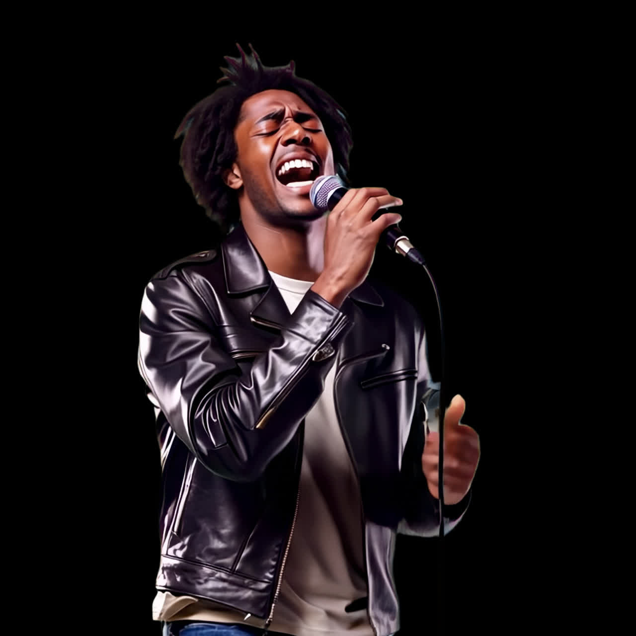 Passionate singer in leather jacket animation isolated asset, transparent 4K video, alpha channel