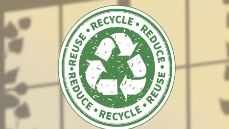 Animation-of-recycling-icon-with-text-over-shadow-of-plants-on-green-background