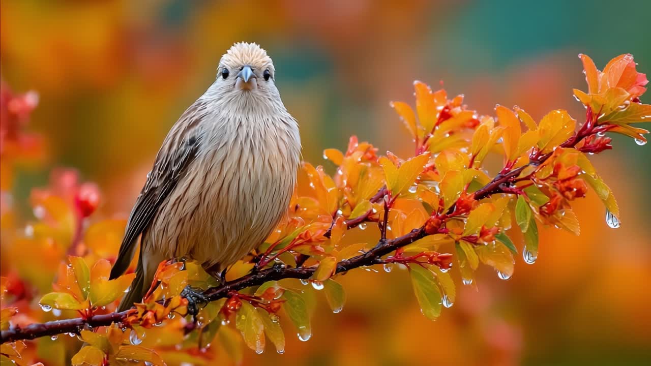 A Stunning Bird Perched on a Branch Amidst Vibrant Autumn Foliage with Raindrops, Capturing the Essence of Nature's Beauty and Serenity