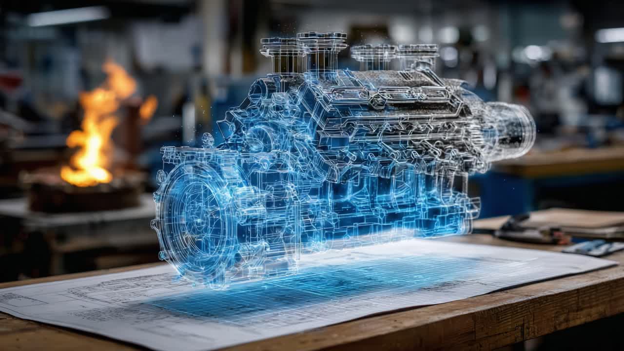 A Stunning Visualization of a Detailed Engine Model in a Workshop Setting, Merging Technology with Traditional Engineering Practices through Holographic Display