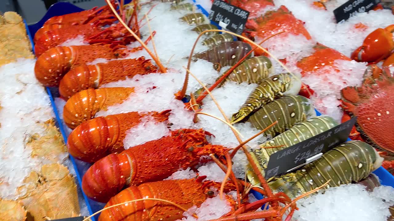 Variety of seafood on ice at market
