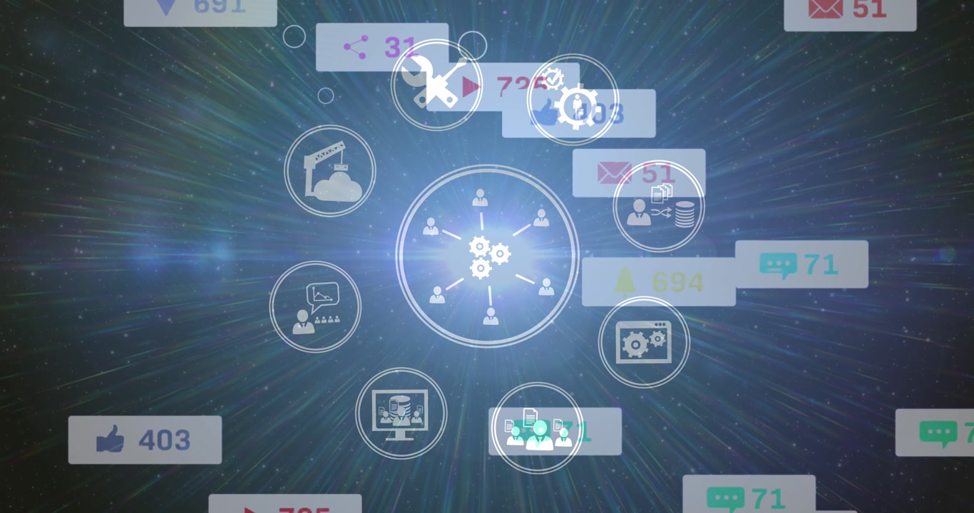 Animation of media icons and light trails on black background
