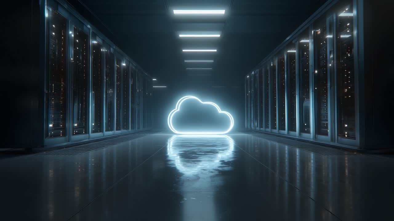 Futuristic Data Center Scene with Illuminated Cloud Symbol in a Dark Server Corridor, Highlighting Modern Technology and Digital Infrastructure