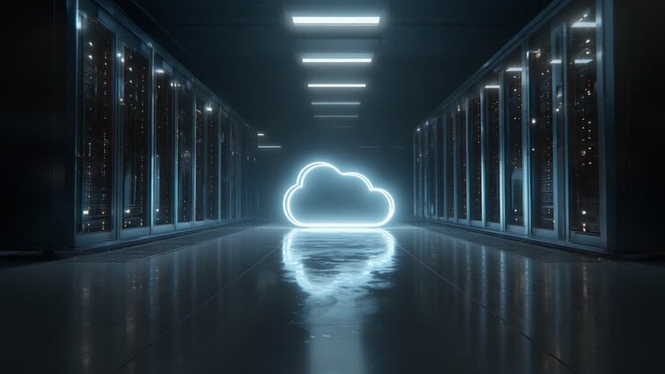 Futuristic Data Center Scene with Illuminated Cloud Symbol in a Dark Server Corridor, Highlighting Modern Technology and Digital Infrastructure