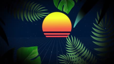 Flickering-circle-with-stripes-with-tropical-leaves-on-night-sky-in-background