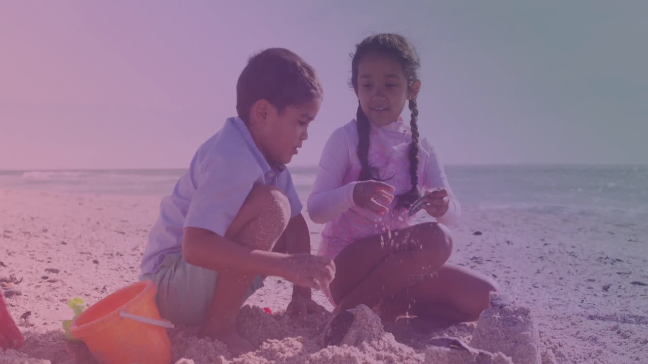 히스패닉 형제와 여동생이 해변에서 서로 다섯을 치는 것에 대한 빛의 반점