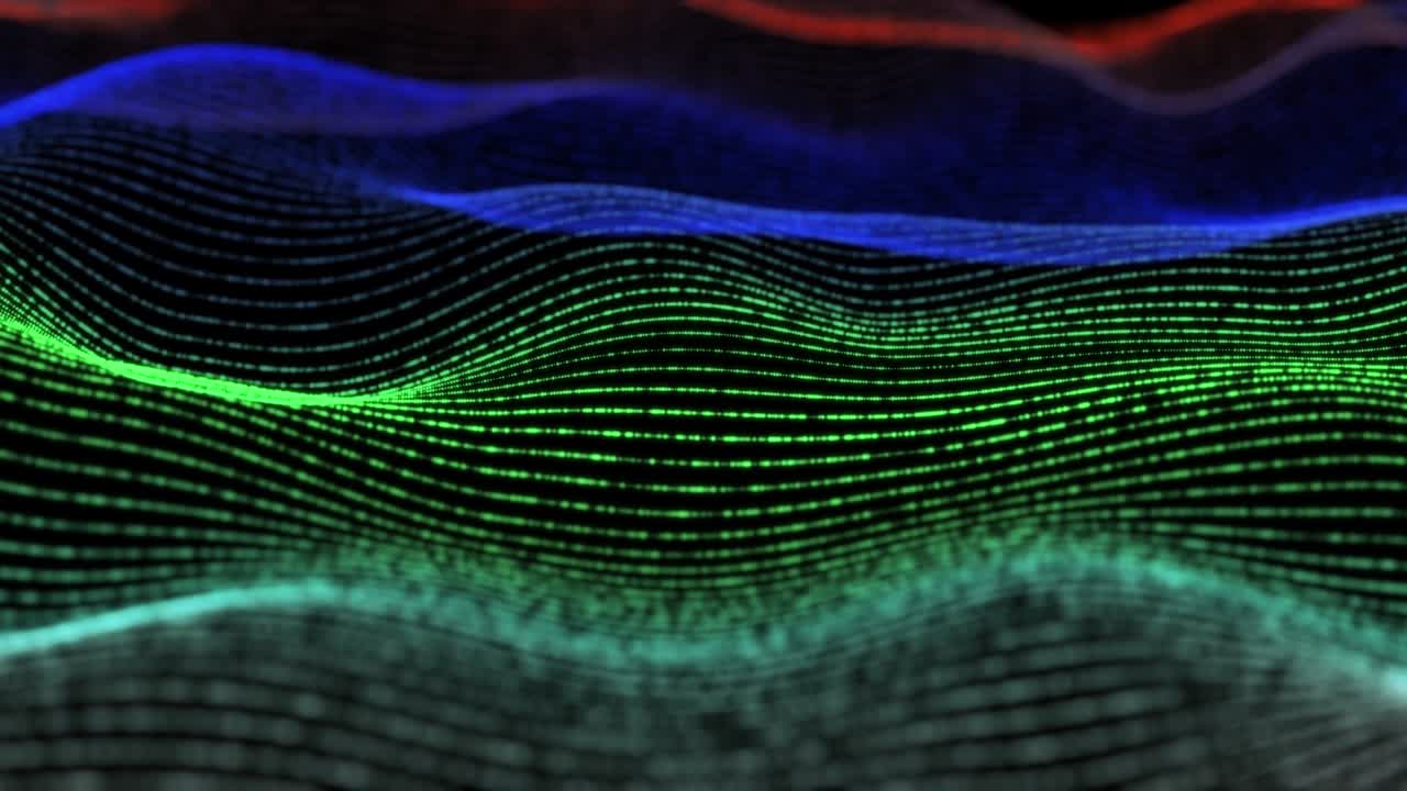 4K, Abstract Futuristic Digital Blue Wave Particles Background.Seamless Loop. Technology digital wave background concept.Beautiful motion waving dots texture with glowing defocused particles. Cyber or technology background. Blue Green Red Color