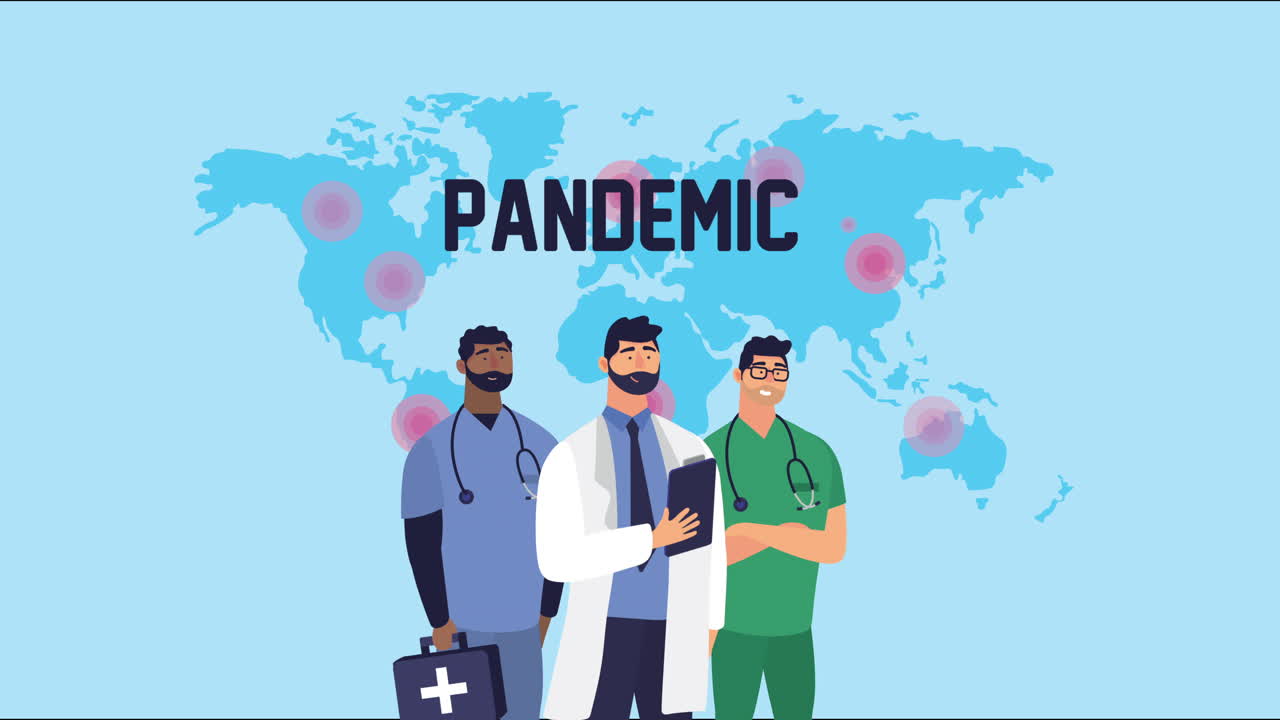 doctors staff with covid19 particles and earth planet