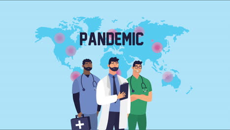 doctors staff with covid19 particles and earth planet