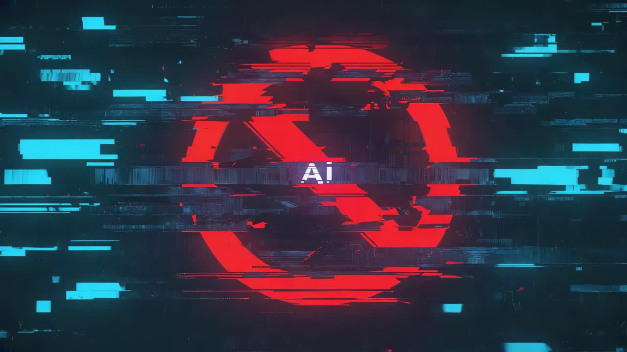 Anti-AI symbol on a glitchy digital background